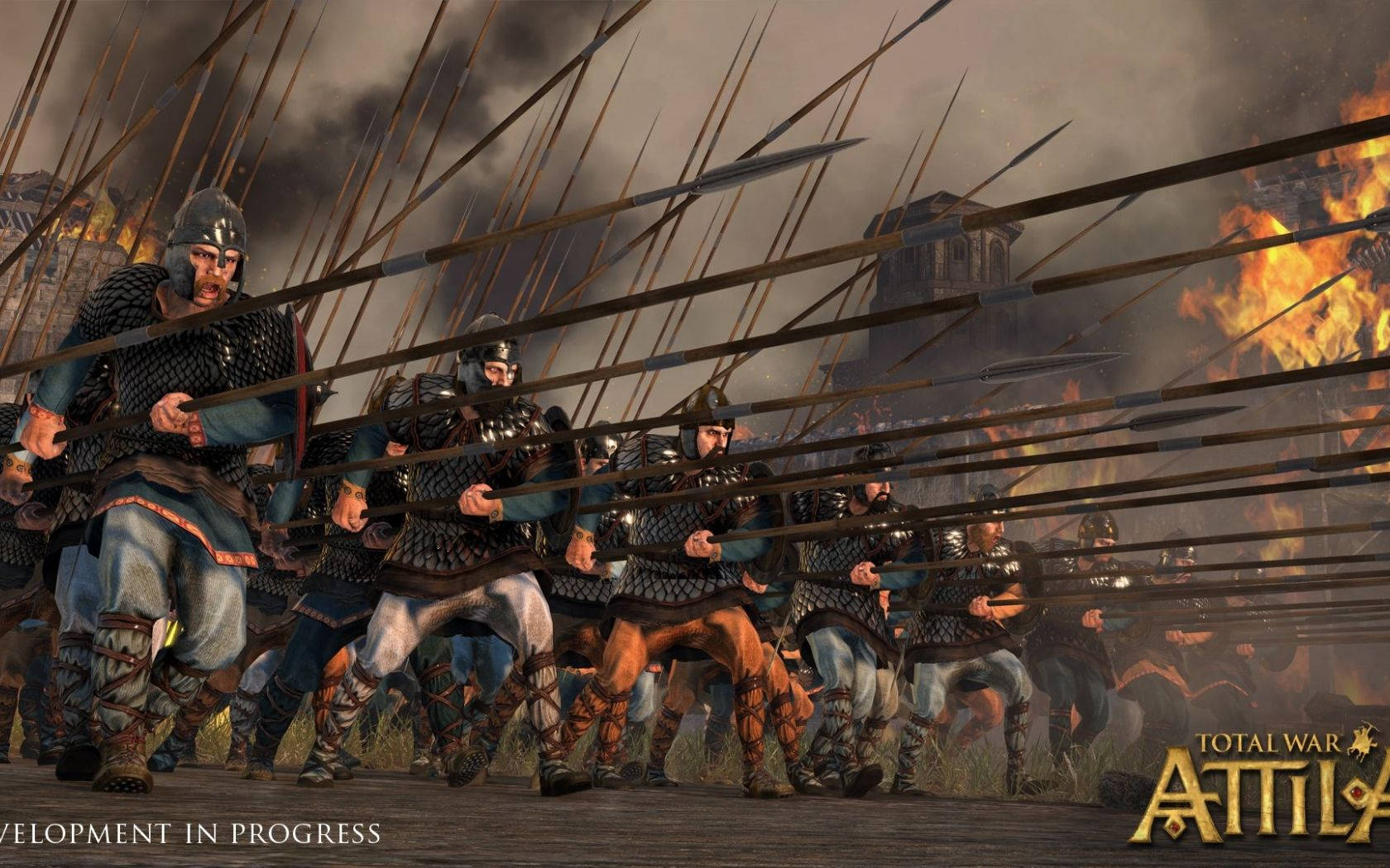 Total War Attila, spear charging warriors, burning battlefield, HD Desktop Wallpaper