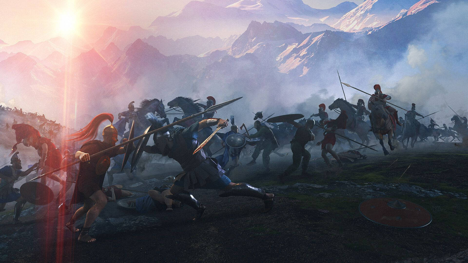 Total War Attila, mountain battlefield, glowing sunrise, Full HD Desktop Wallpaper