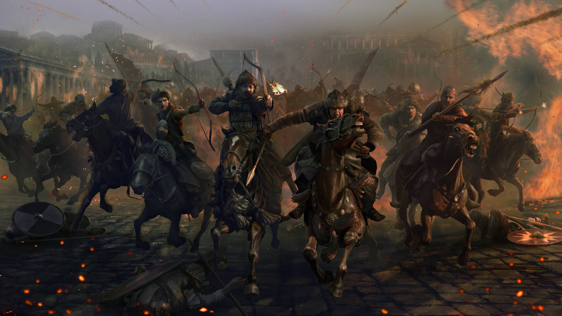 Total War Attila, charging horsemen, fiery urban battlefield, Full HD Desktop Wallpaper