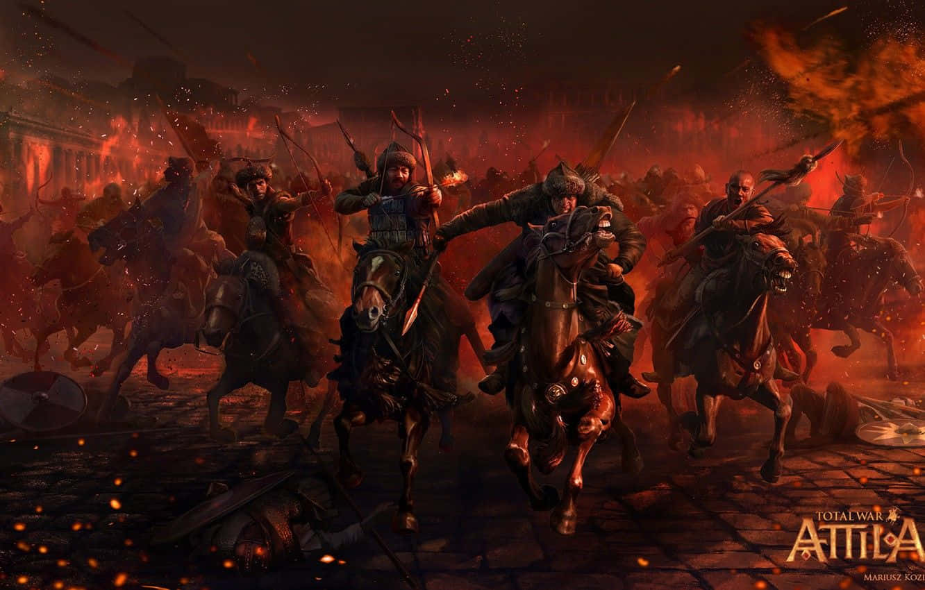Attila Total War, warriors on horseback, fiery battlefield, HD Desktop Wallpaper