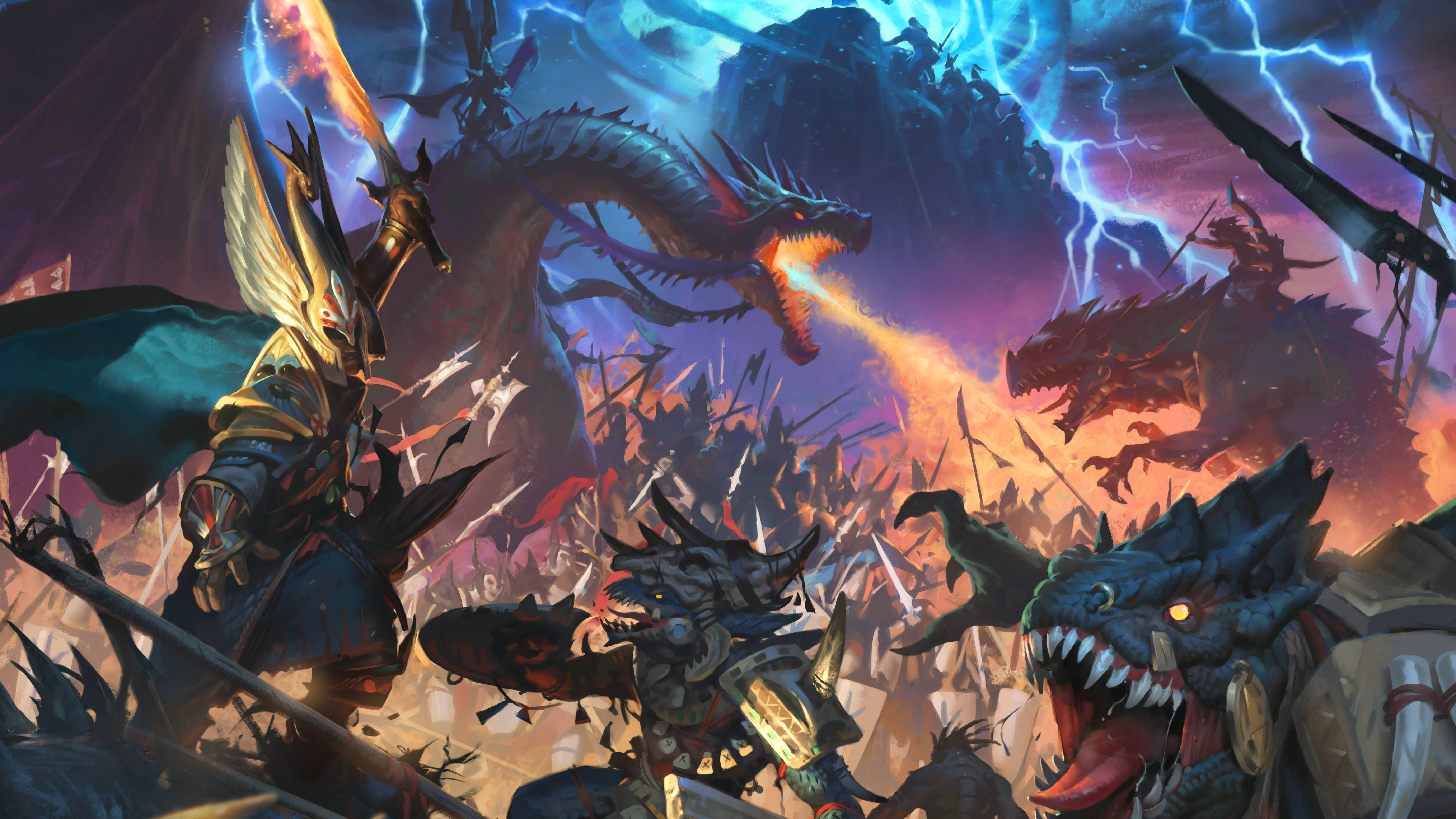 Warhammer Total War, armored warriors, dragons, 5K Desktop Wallpaper