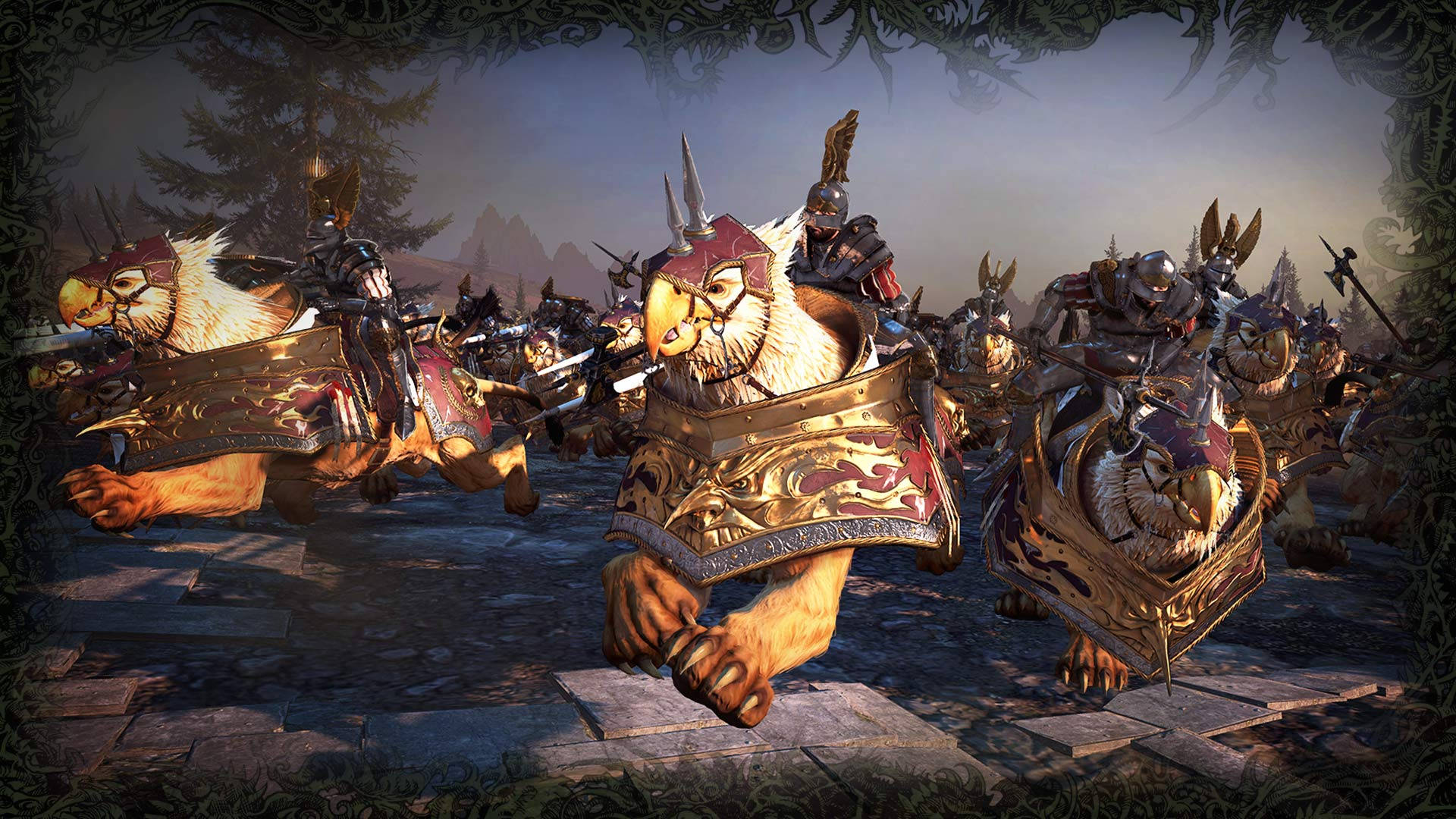 Total War Warhammer 2, giant feline beasts, misty stone path, Full HD Desktop Wallpaper