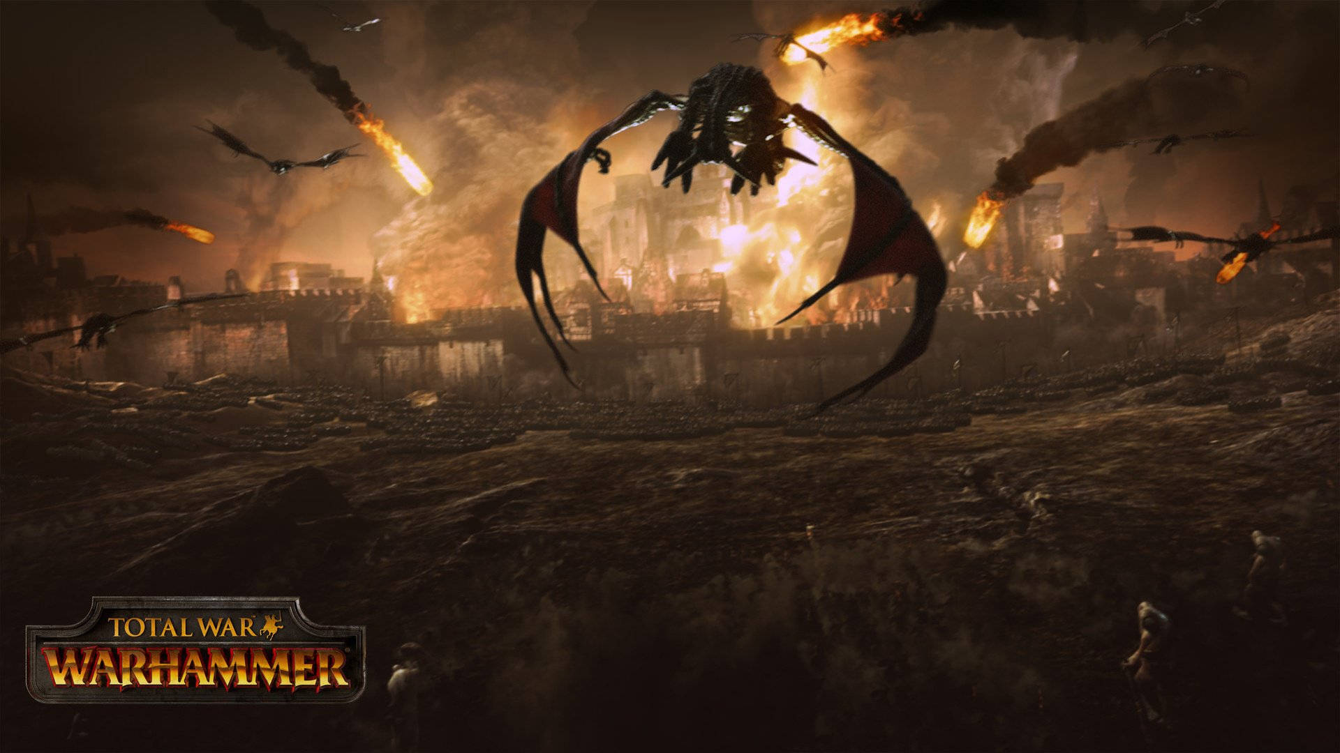 Total War Warhammer 2, colossal dragon, burning battlefield, Full HD Desktop Wallpaper