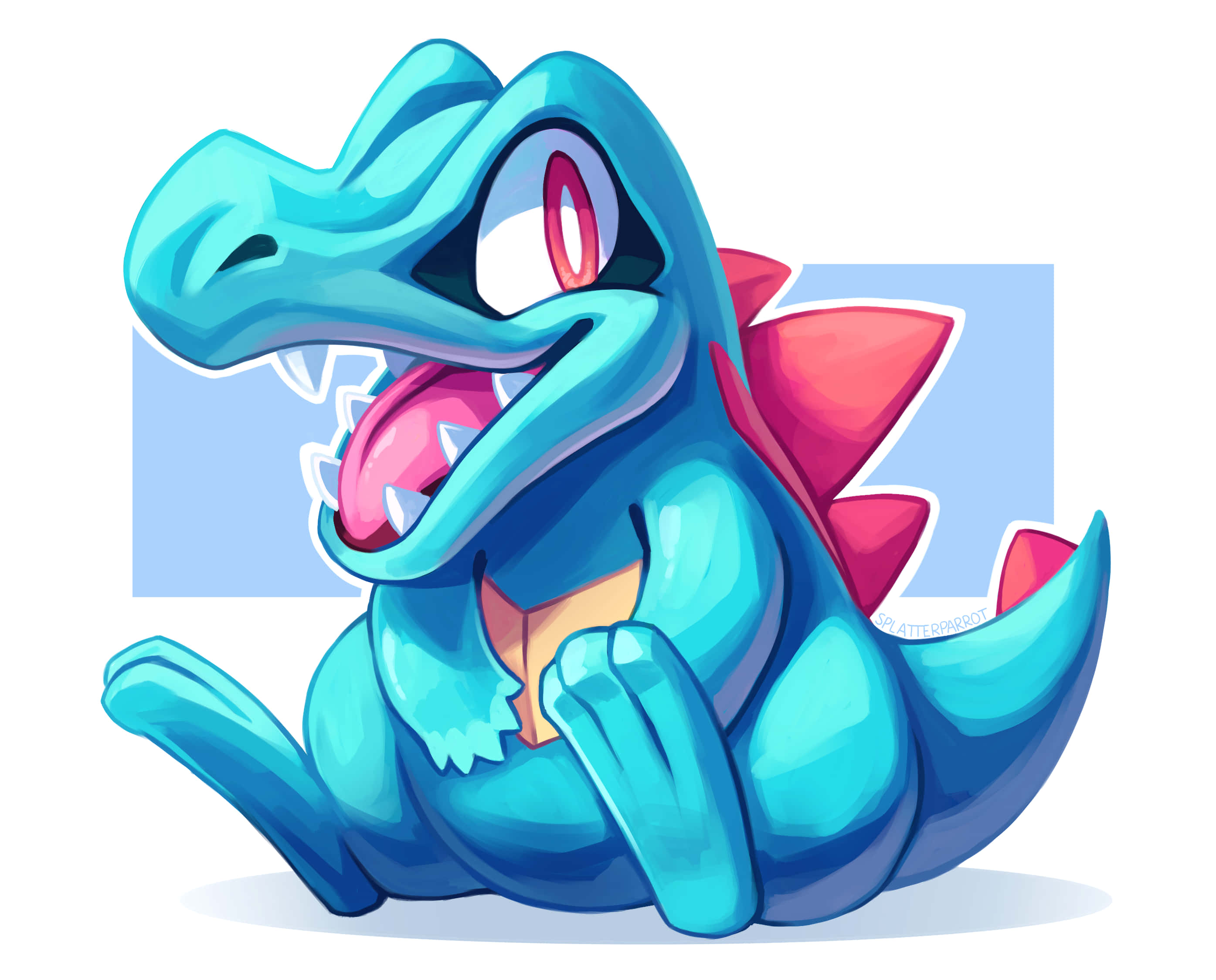 Totodile, blue cartoon crocodile, pink spikes, 2K Desktop Wallpaper