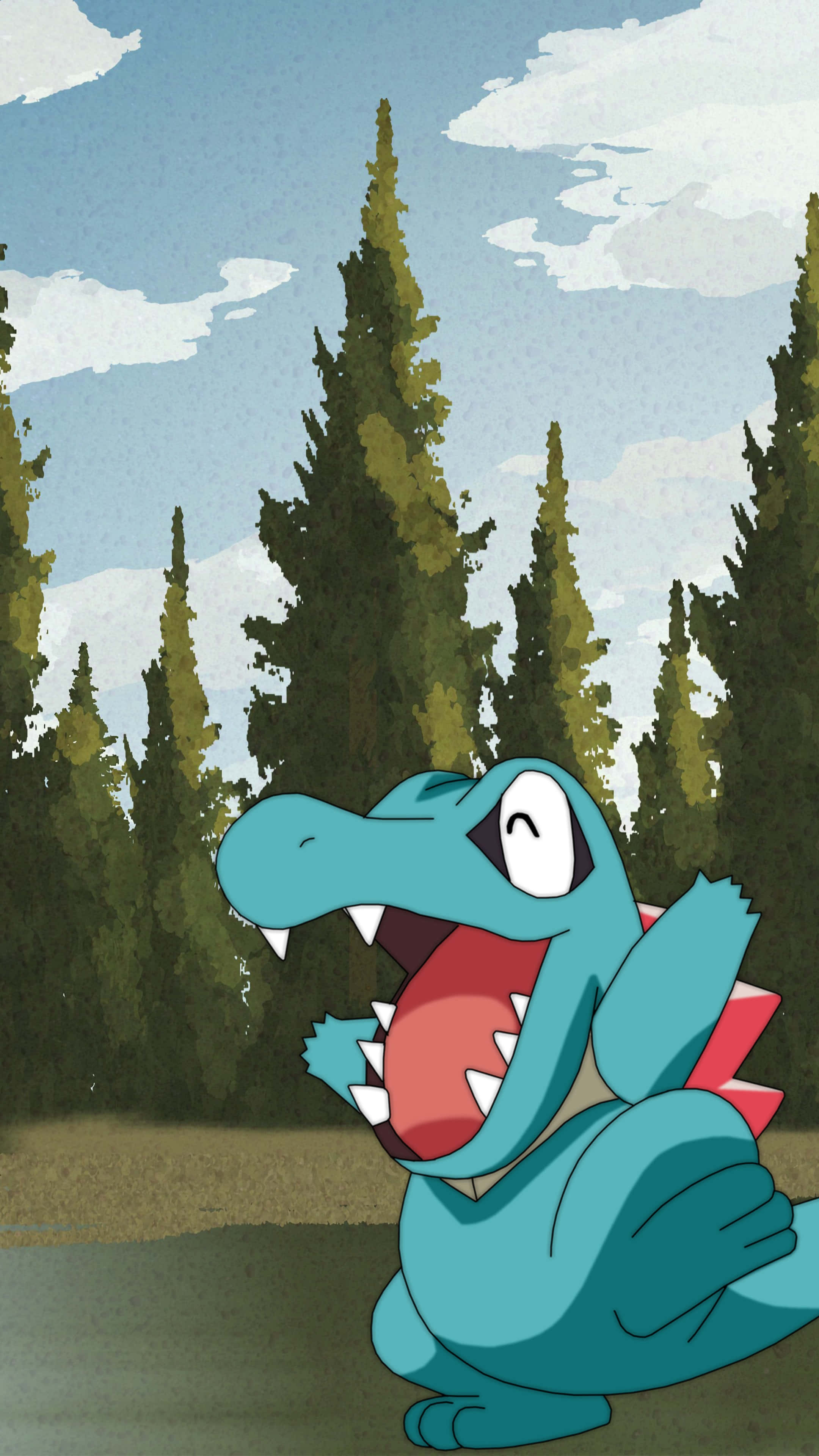 Totodile, pine trees, blue crocodile-like Pokémon, 4K Phone Wallpaper