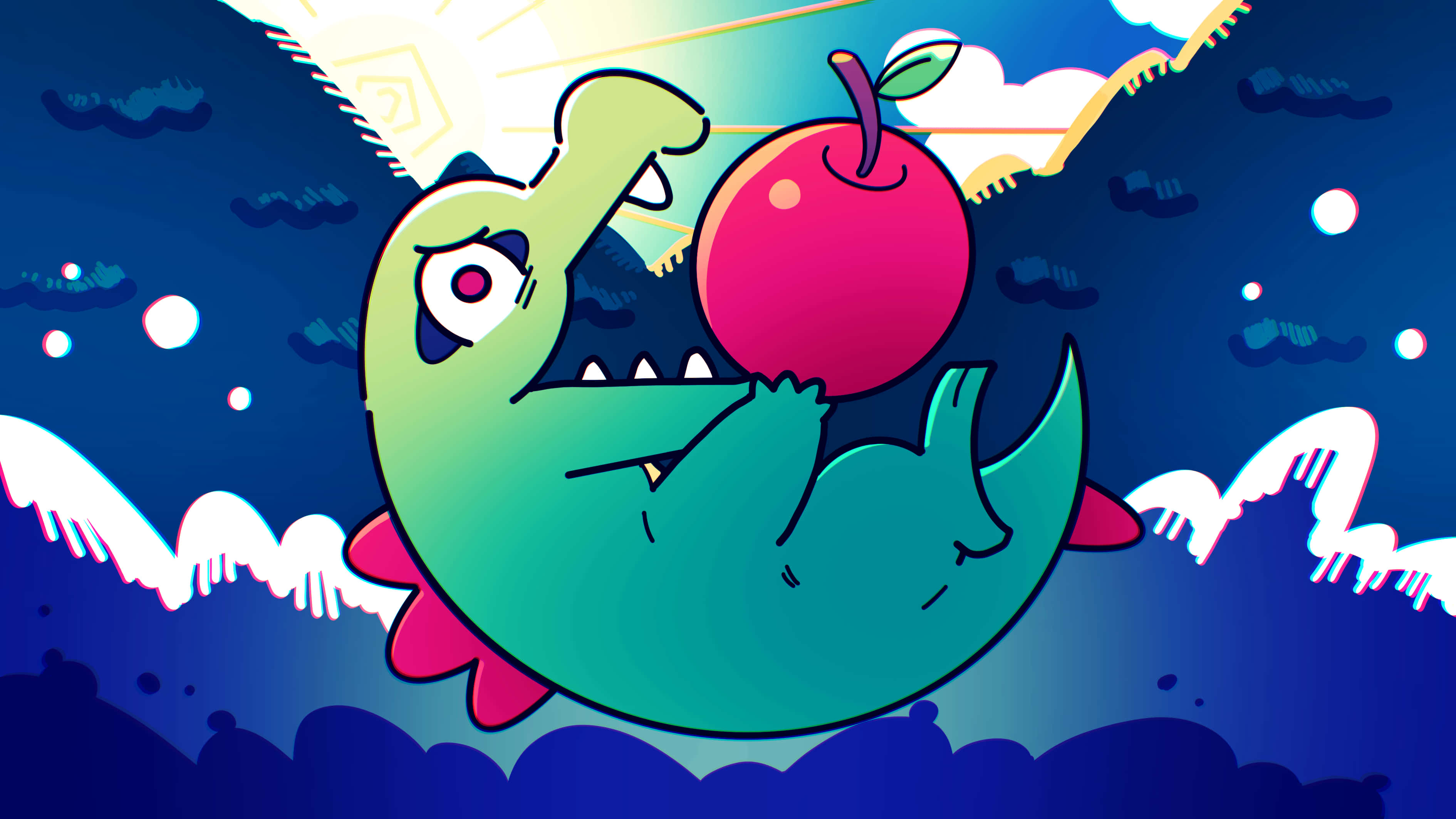 Totodile, green dragon, pink spikes, 2K Desktop Wallpaper