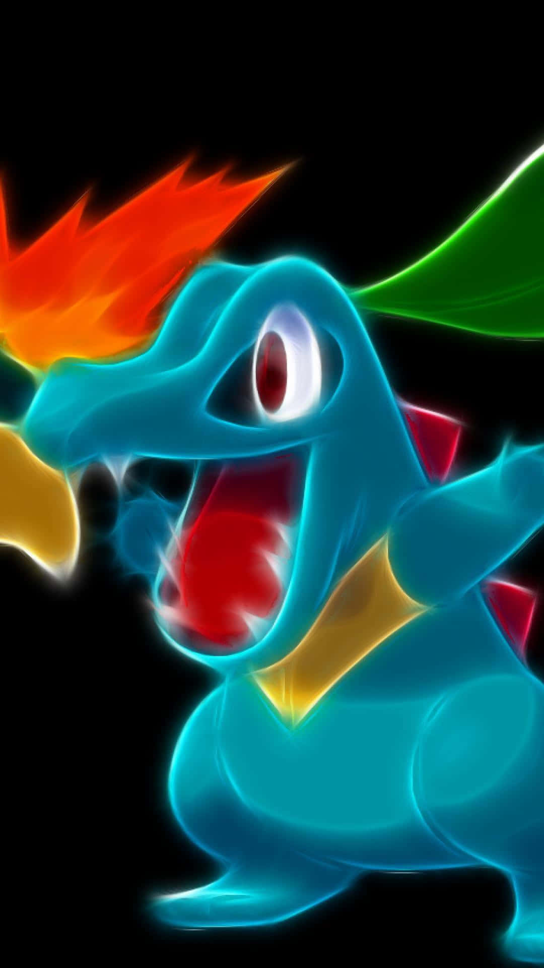 Neon Totodile, glowing blue, fiery orange crest, Full HD Phone Wallpaper