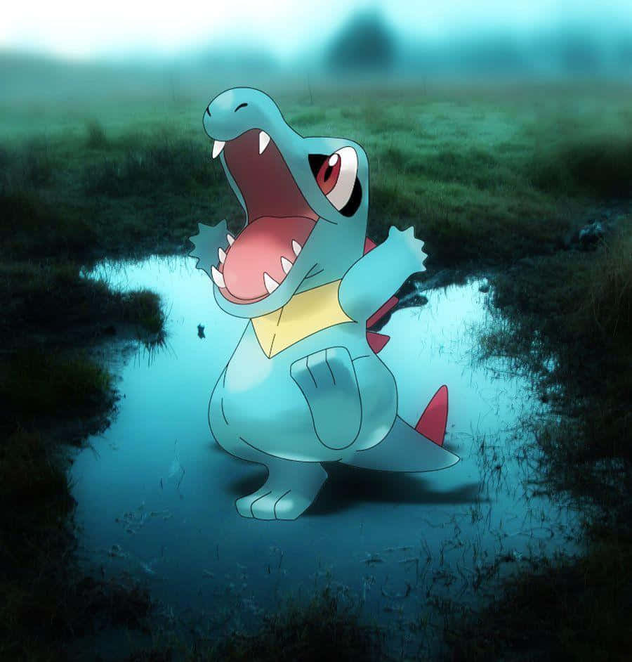 Totodile, shallow pond, misty swamp, SD Phone Wallpaper