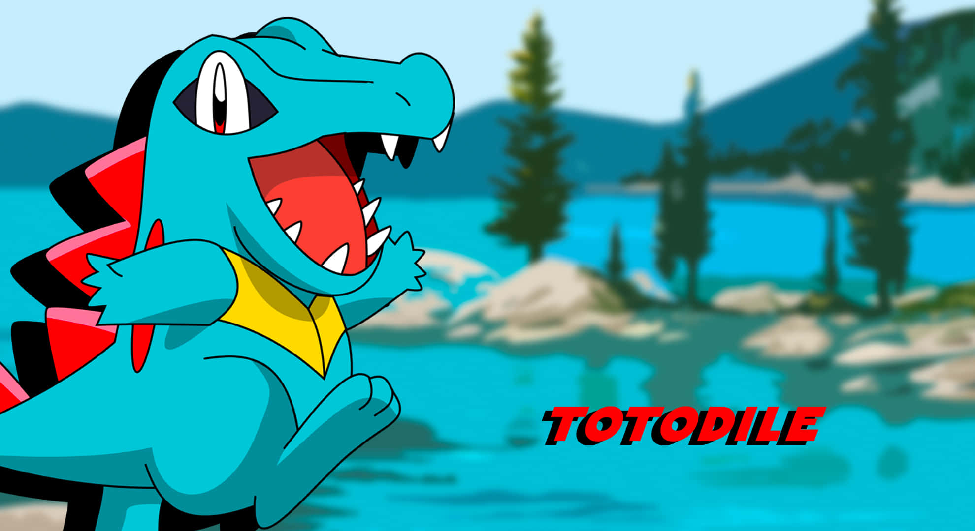 Totodile, turquoise lake, pine trees, Full HD Desktop Wallpaper