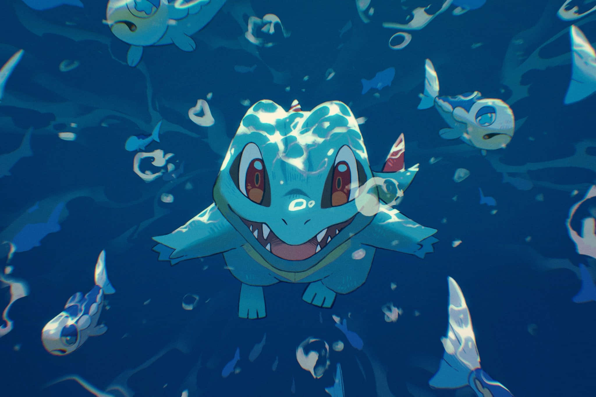Totodile, blue cartoon crocodile, deep blue water, Full HD Desktop Wallpaper