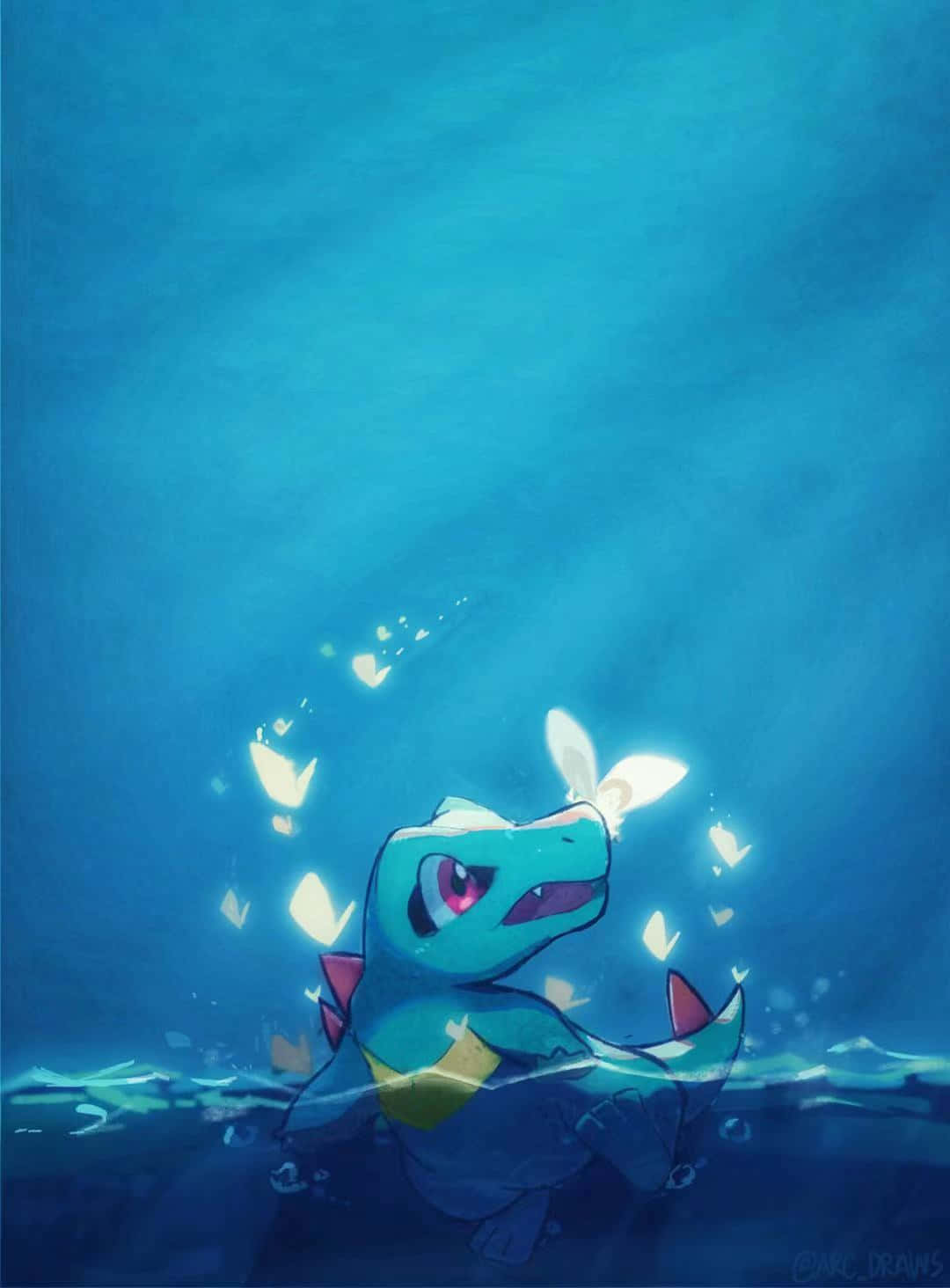Totodile, glowing butterflies, blue anime-style, HD Phone Wallpaper