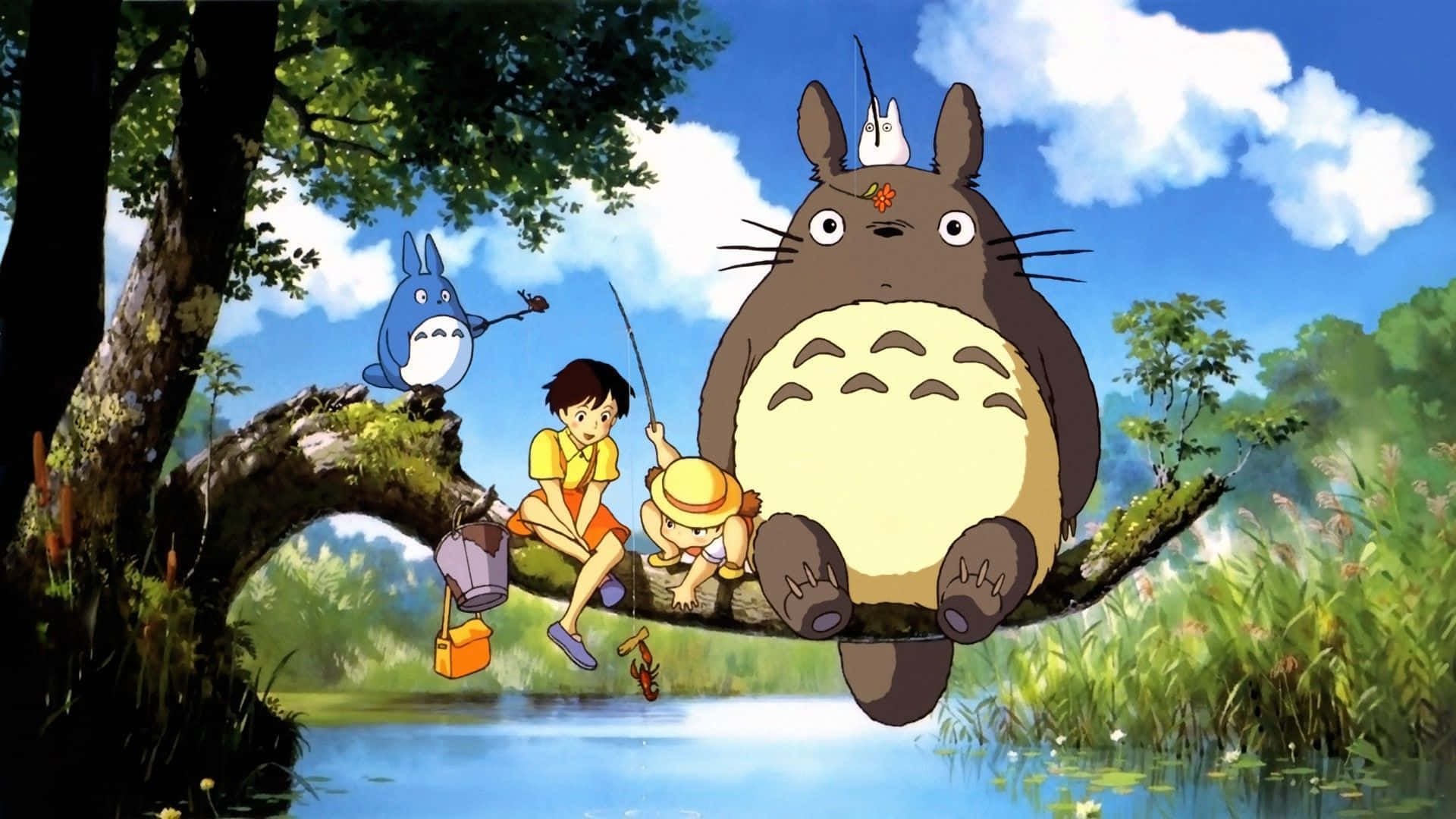 Totoro, mossy tree branch, serene pond, Full HD Desktop Wallpaper