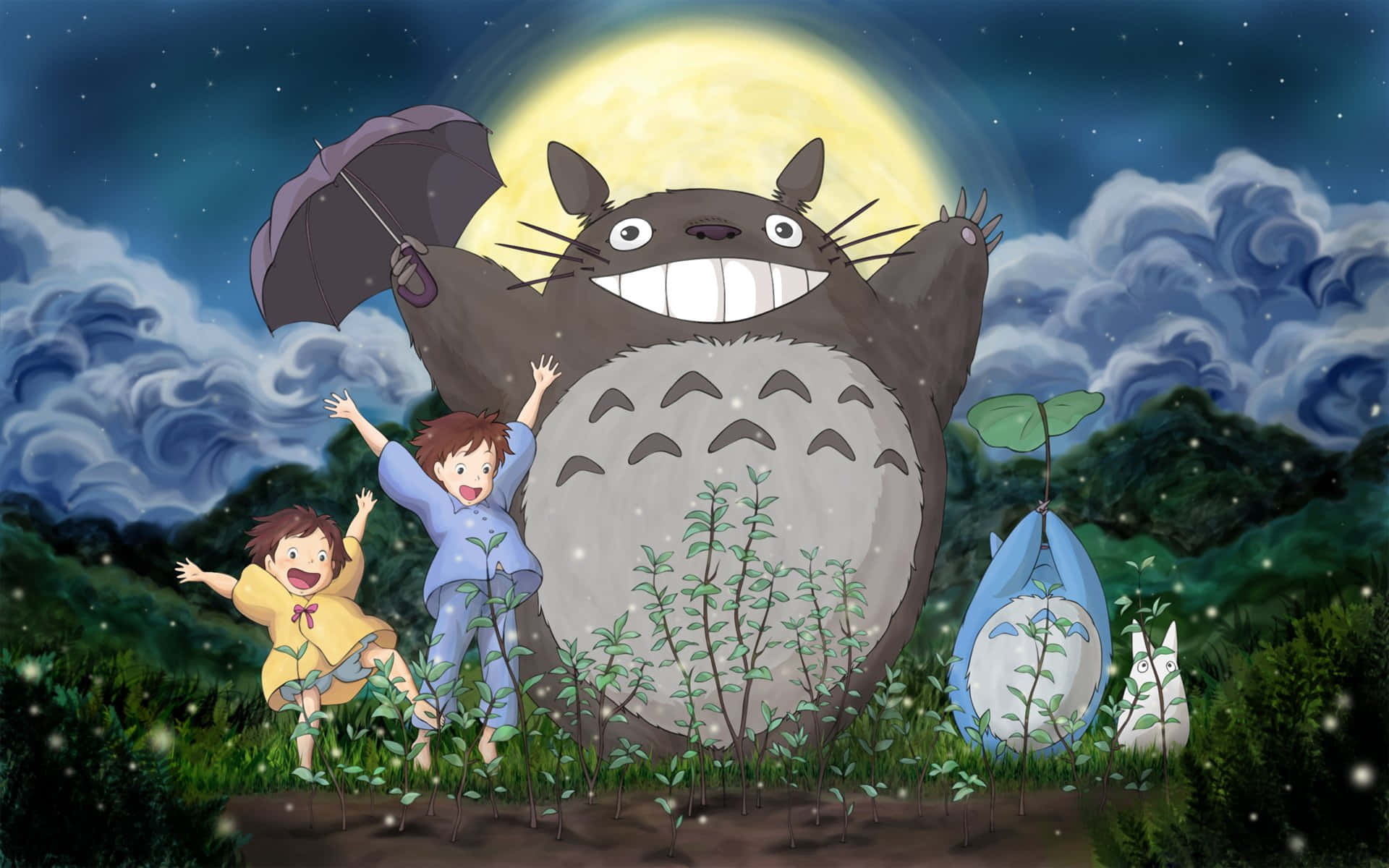 Totoro, full moon, starry night forest, Full HD Desktop Wallpaper
