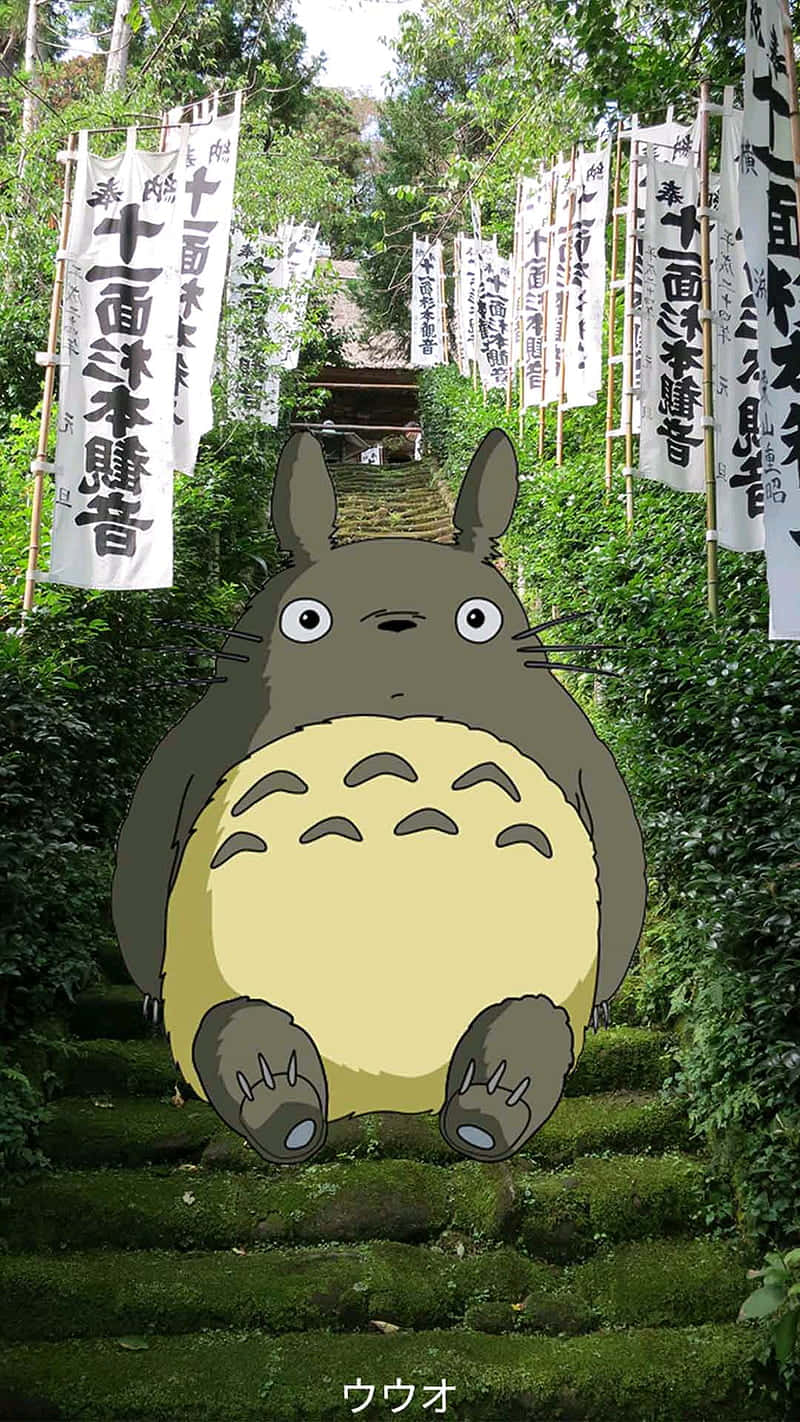 Totoro, mossy stone steps, white banners, HD Phone Wallpaper
