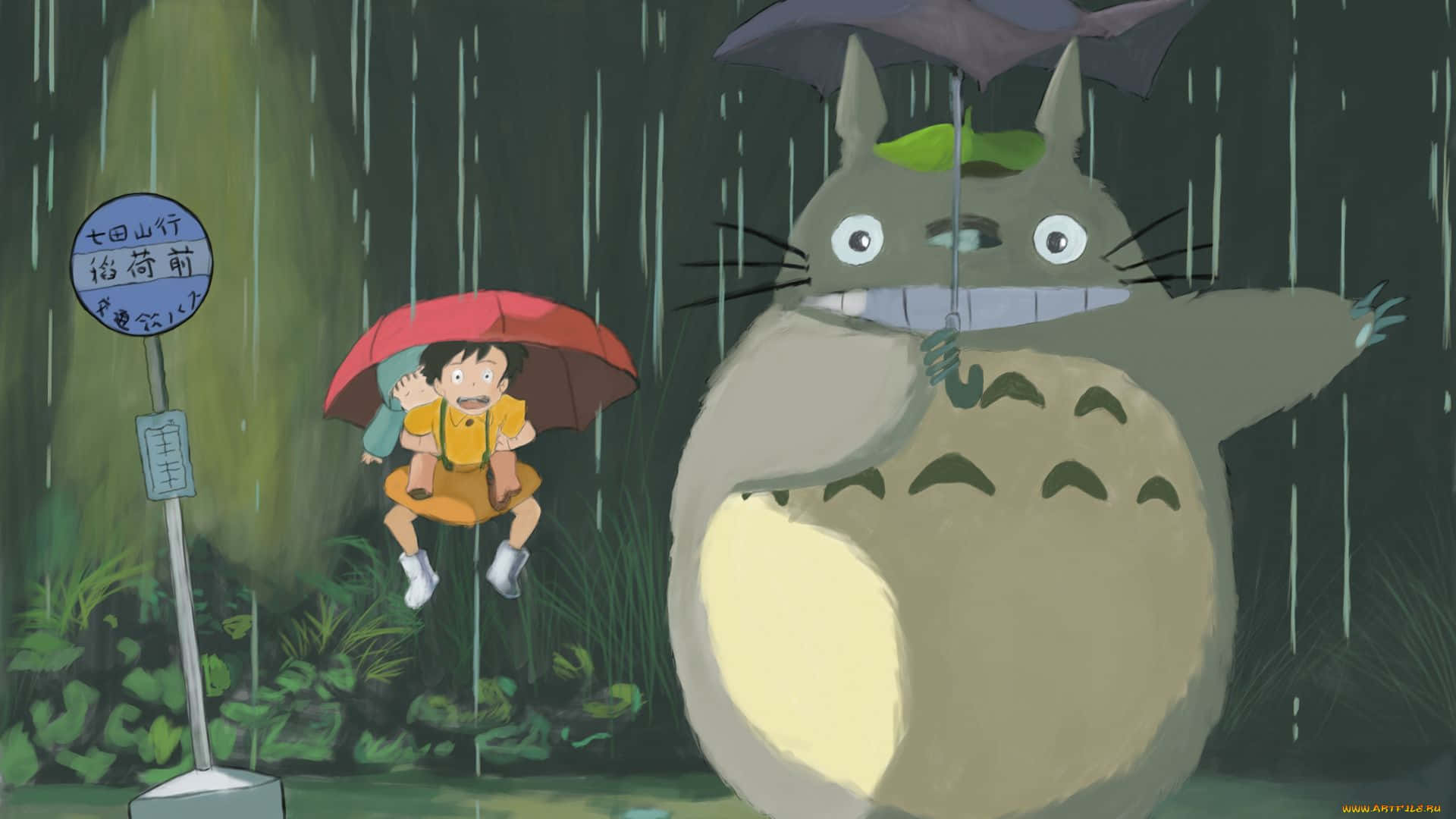 Totoro, red umbrella, heavy rain, Full HD Desktop Wallpaper