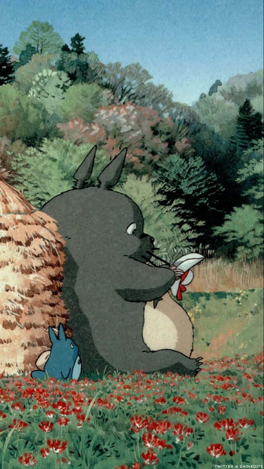 Totoro, red flowers, white ribbon, HD Phone Wallpaper