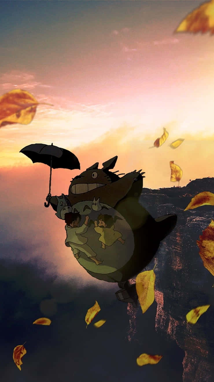 Totoro, sunset sky, golden leaves, HD Phone Wallpaper