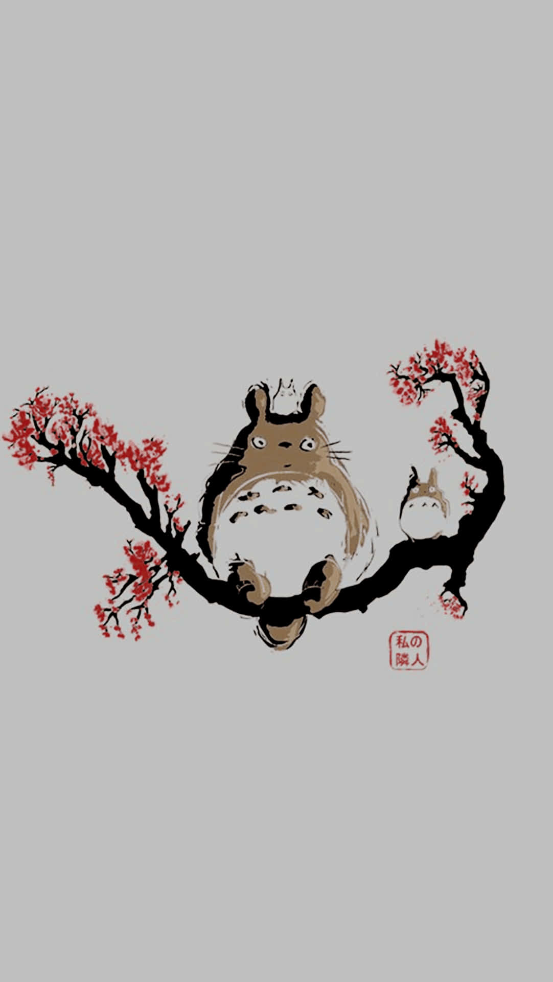 Totoro, cherry branch, red flowers, Full HD Phone Wallpaper