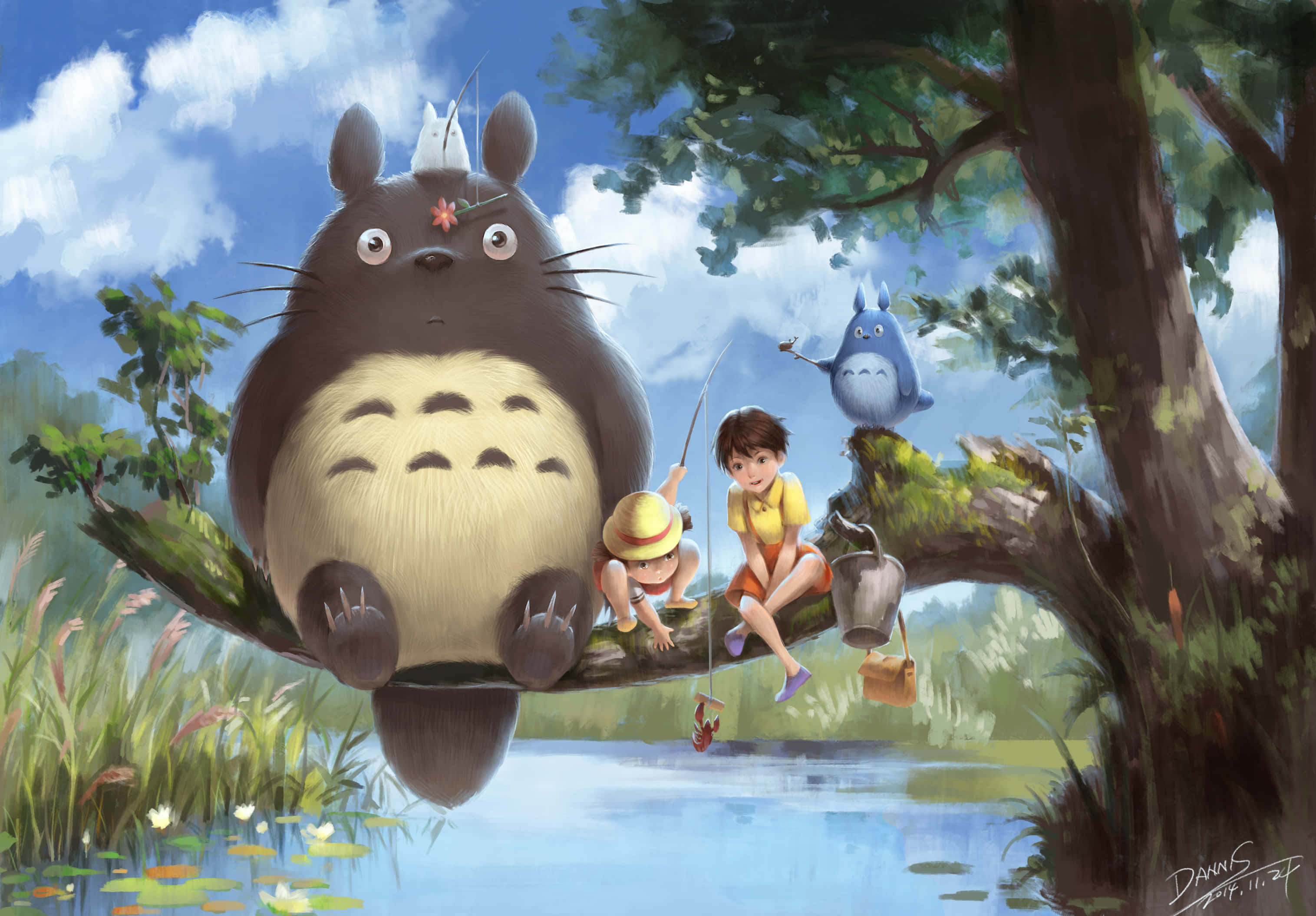 Totoro, mossy tree branch, children fishing, 2K Desktop Wallpaper