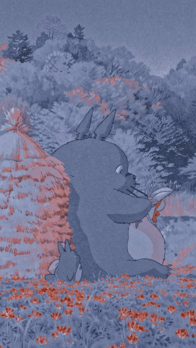 Totoro, red flowers, haystack, SD Phone Wallpaper