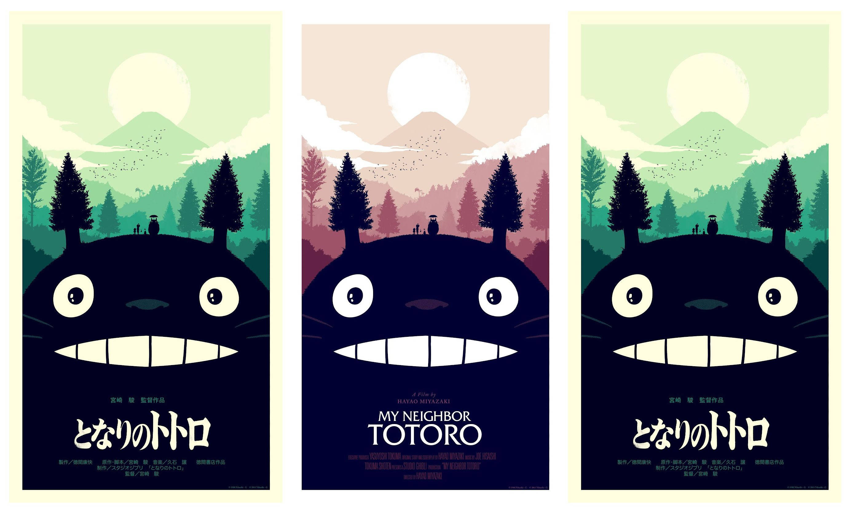 Totoro, black creature with big eyes and a wide grin, forested hills, 2K Desktop Wallpaper