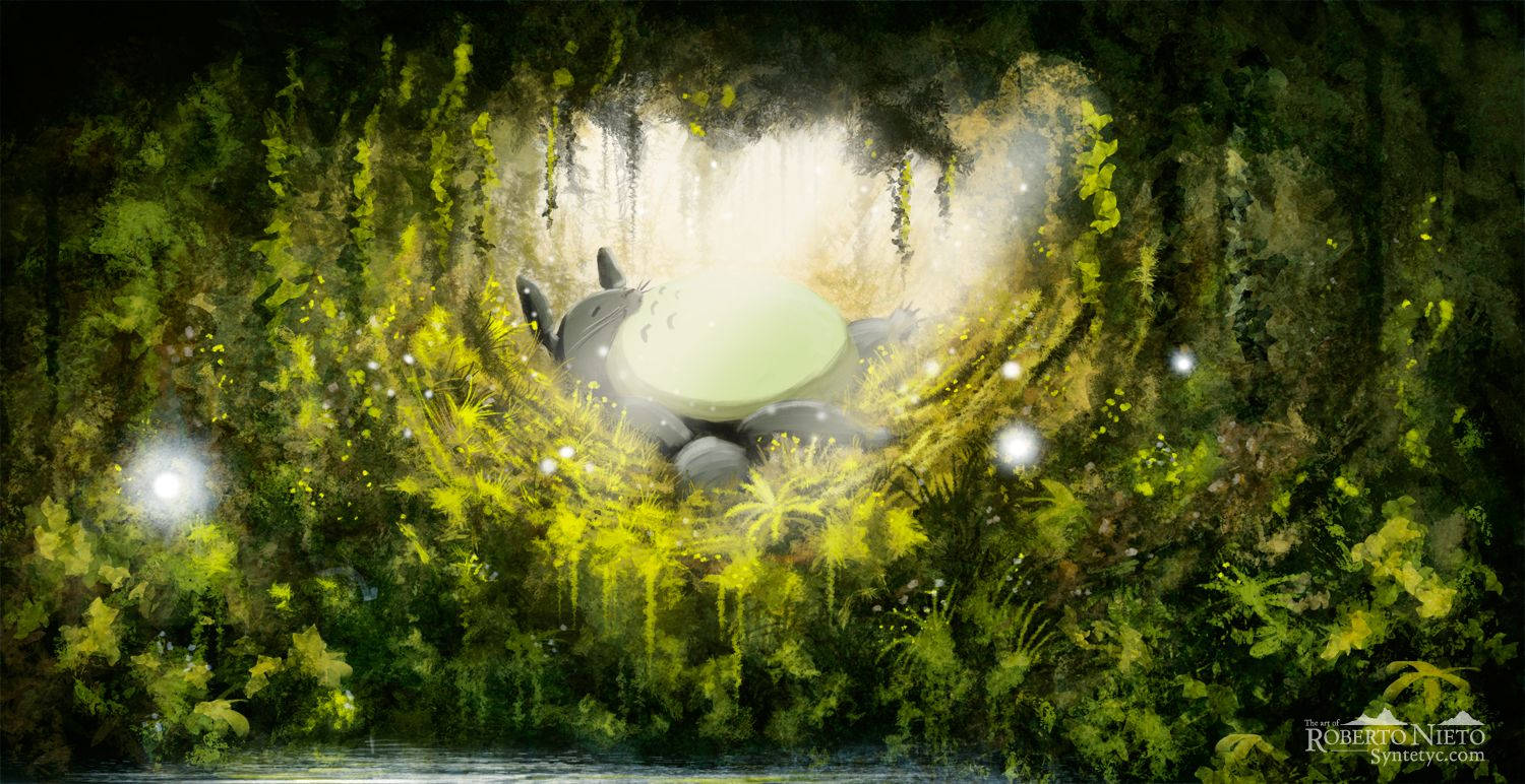 Totoro, glowing forest clearing, vibrant green foliage, HD Desktop Wallpaper