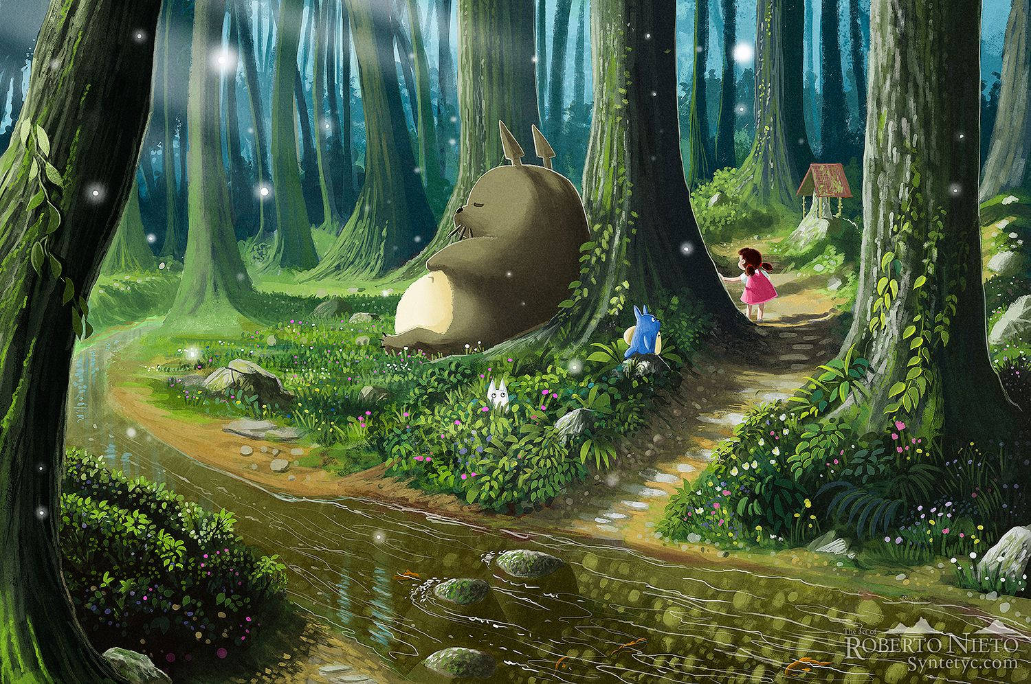 Totoro, mossy forest path, river, HD Desktop Wallpaper