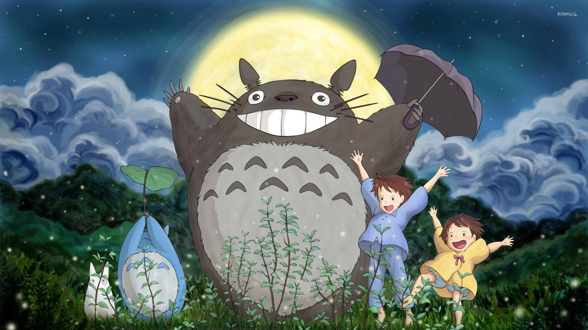 Totoro, full moon, children, Full HD Desktop Wallpaper