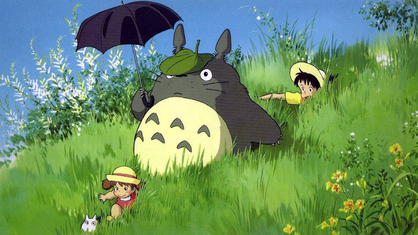 Totoro, leaf hat, umbrella, HD Desktop Wallpaper