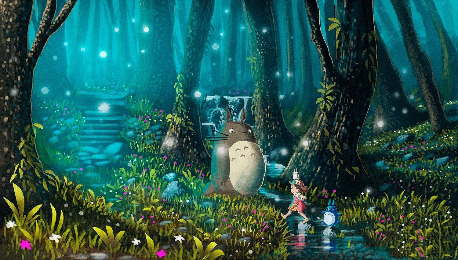 Totoro, young girl, glowing magical forest, HD Desktop Wallpaper