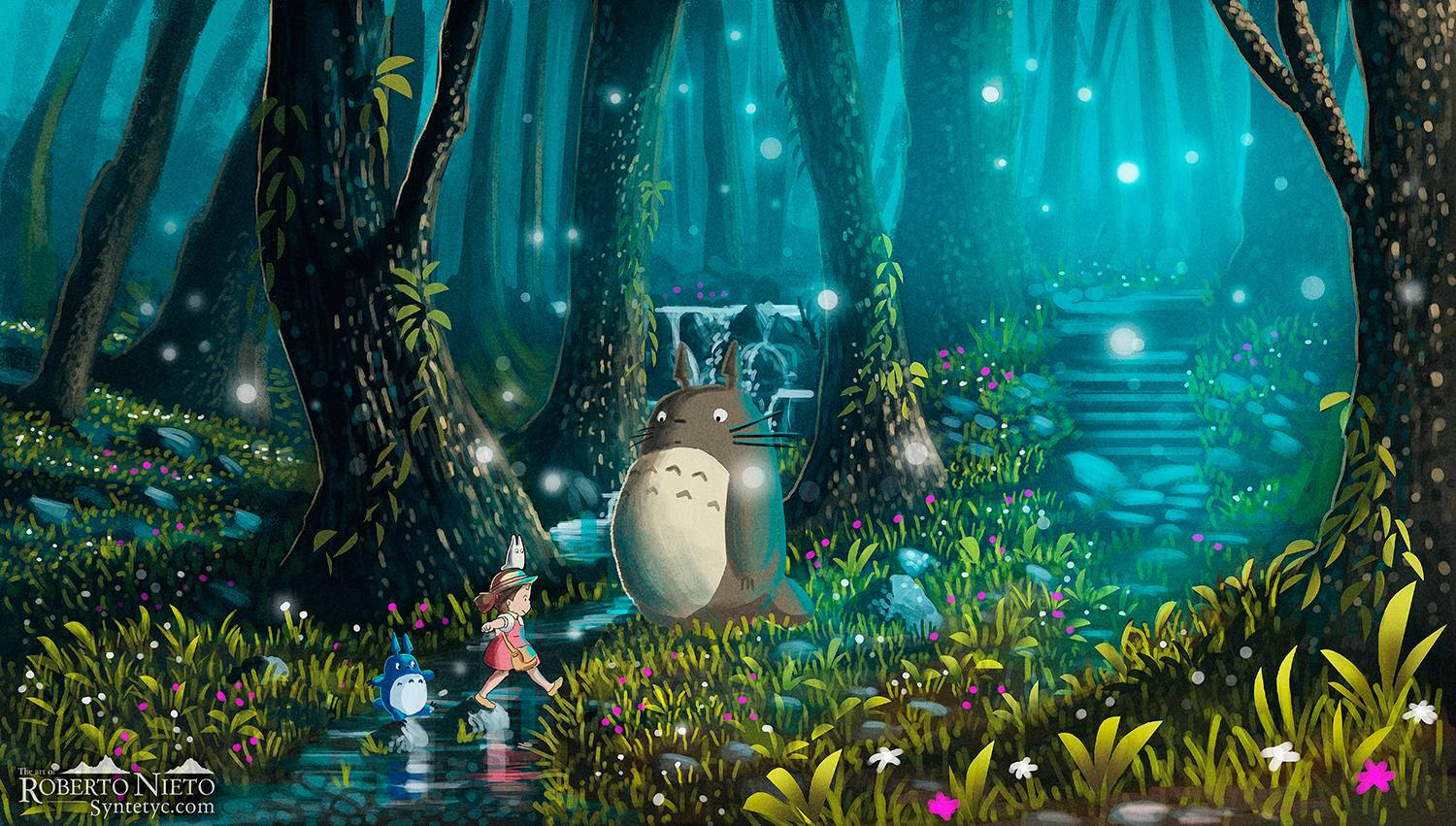 Totoro, forest, blue light, HD Desktop Wallpaper