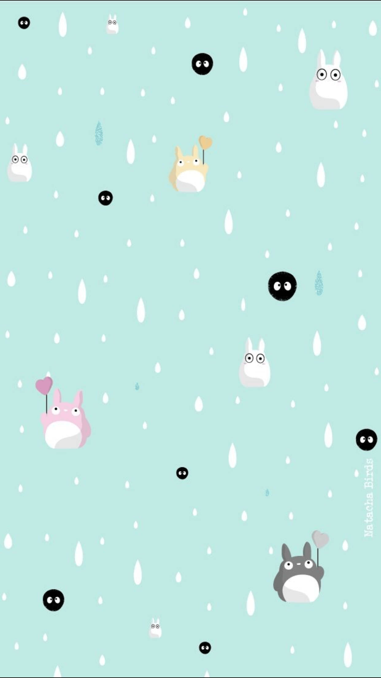 Cute Blue Totoro, Mushroom Pattern, falling raindrops, Full HD Phone Wallpaper