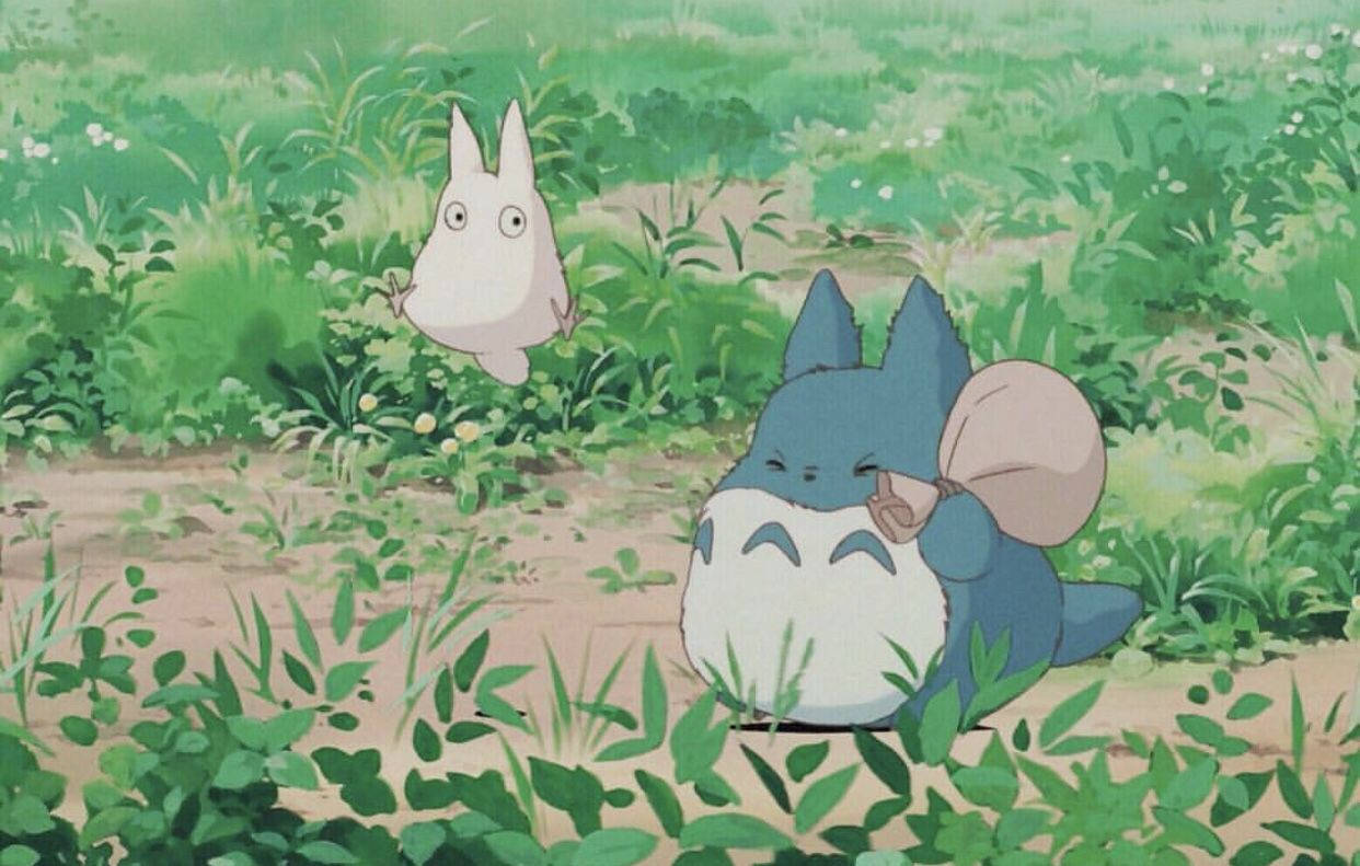 Totoro, blue Totoro, small white creature, SD Desktop Wallpaper