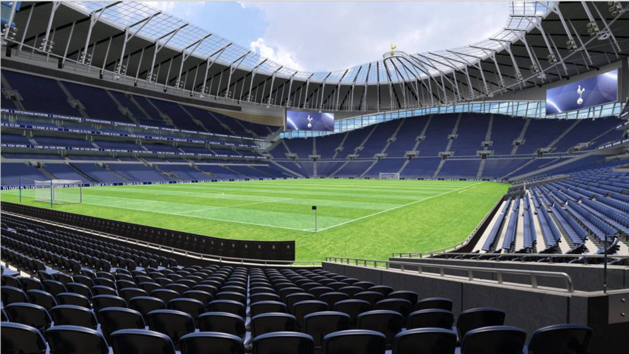 Tottenham Hotspurs FC Stadium, blue seats, vibrant green pitch, HD Desktop Wallpaper