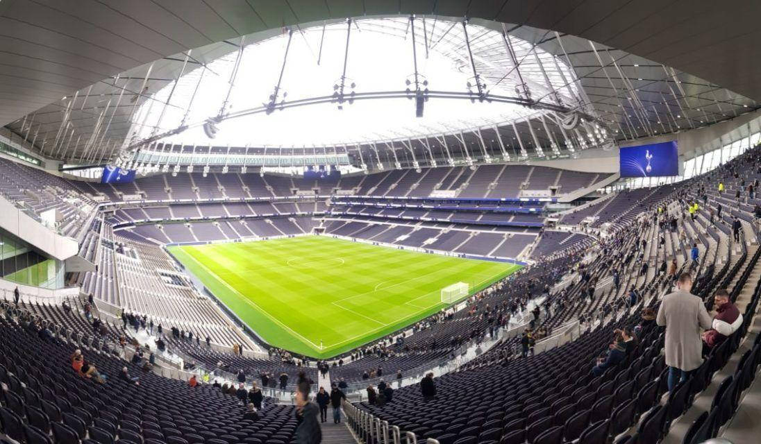 Tottenham Hotspurs FC Stadium, vibrant green pitch, curved glass roof, SD Desktop Wallpaper