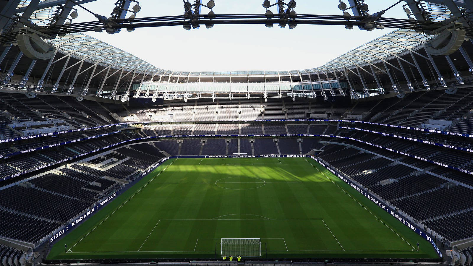 Tottenham Hotspurs FC, vibrant green pitch, tiered black seats, HD Desktop Wallpaper