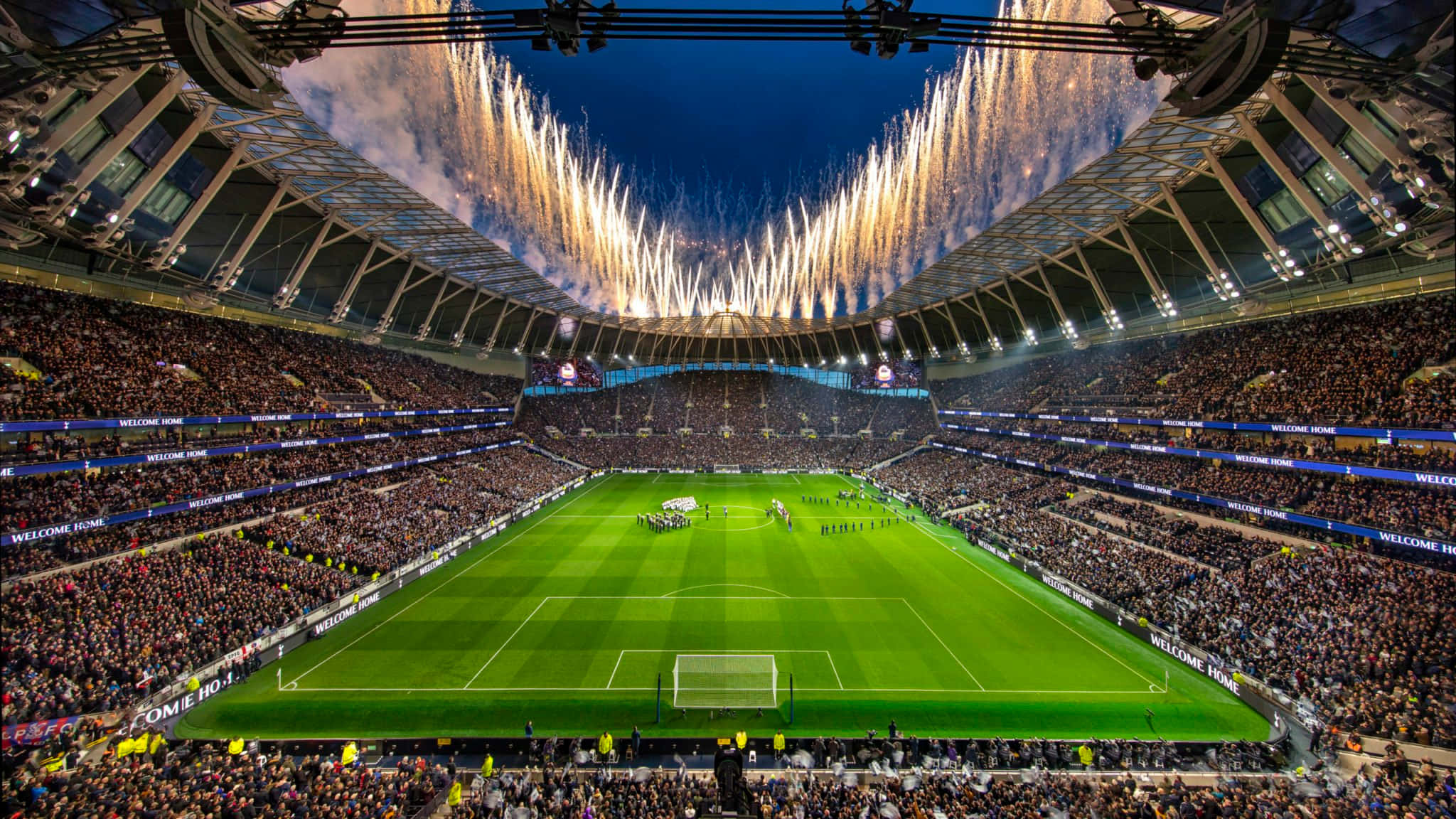 Tottenham Stadium, golden fireworks, vibrant green soccer field, Full HD Desktop Wallpaper