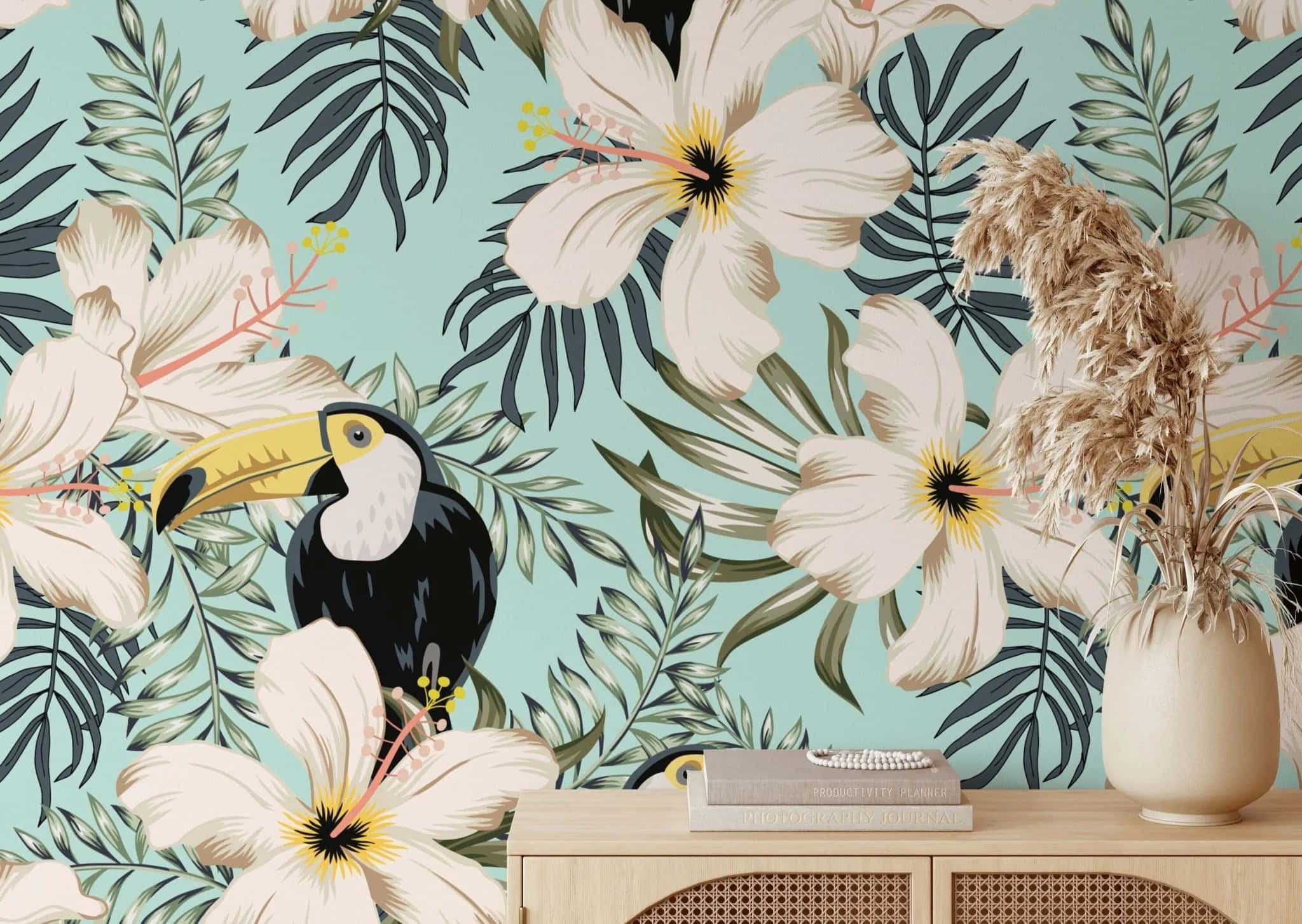 tropical toucan, white hibiscus, tropical leaves, Full HD Desktop Wallpaper