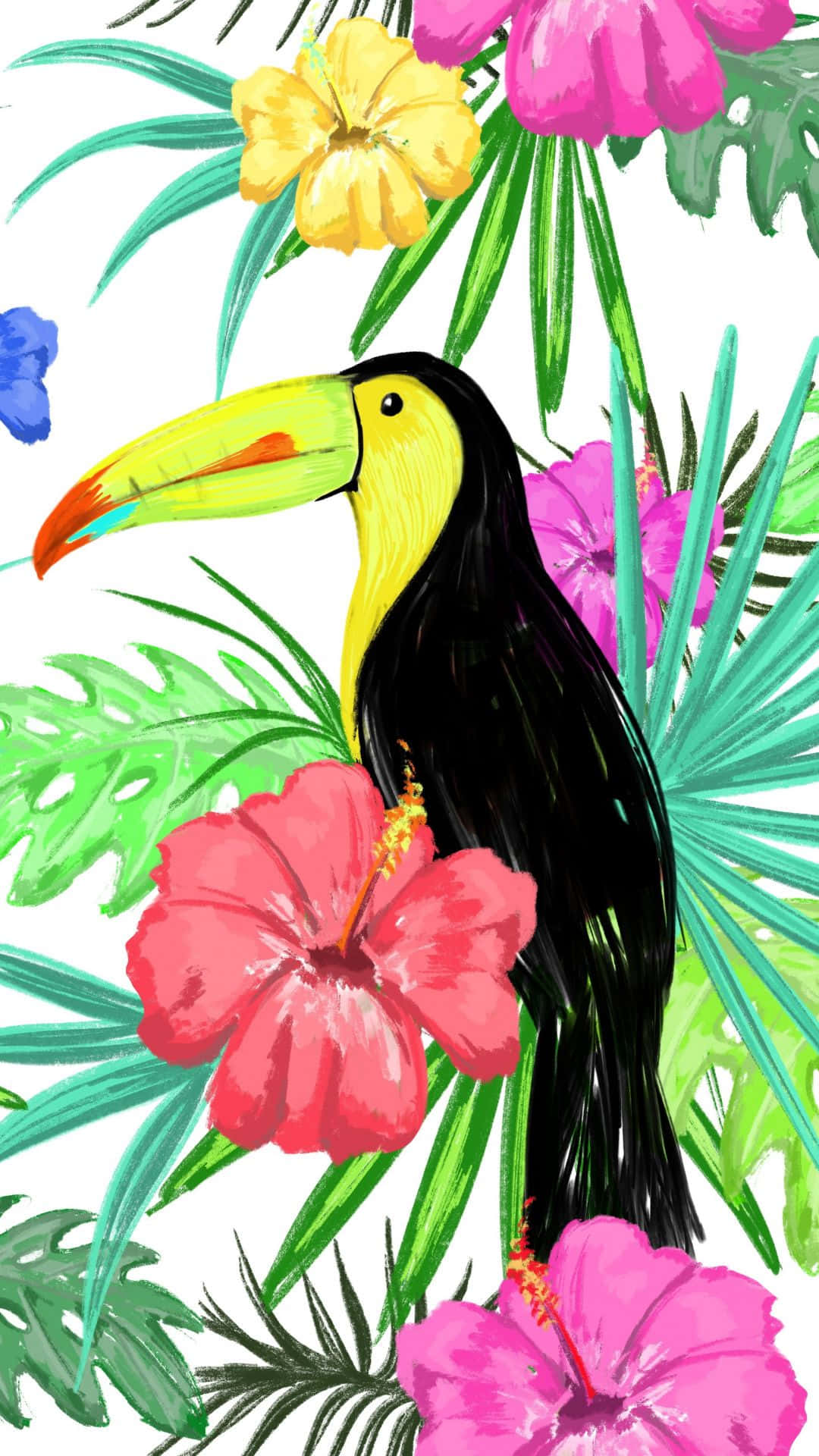 tropical toucan, rainbow beak, pink hibiscus, Full HD Phone Wallpaper