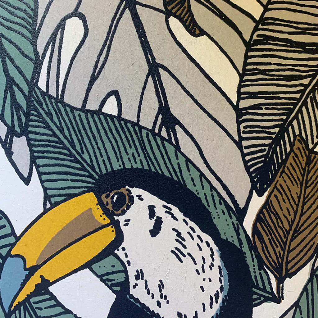 tropical toucan, bright yellow beak, dense illustrated tropical leaves, SD Desktop Wallpaper