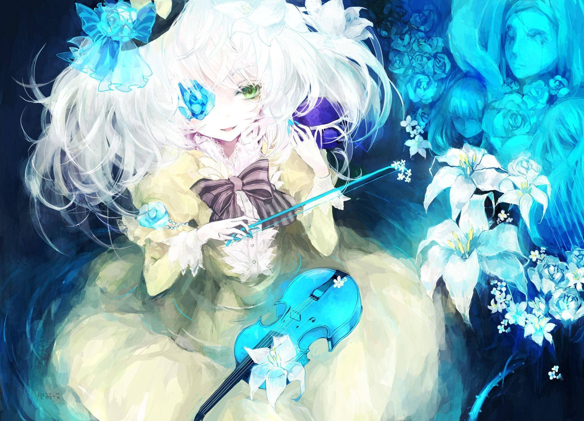 Touhou, white hair, blue flowers, Full HD Desktop Wallpaper