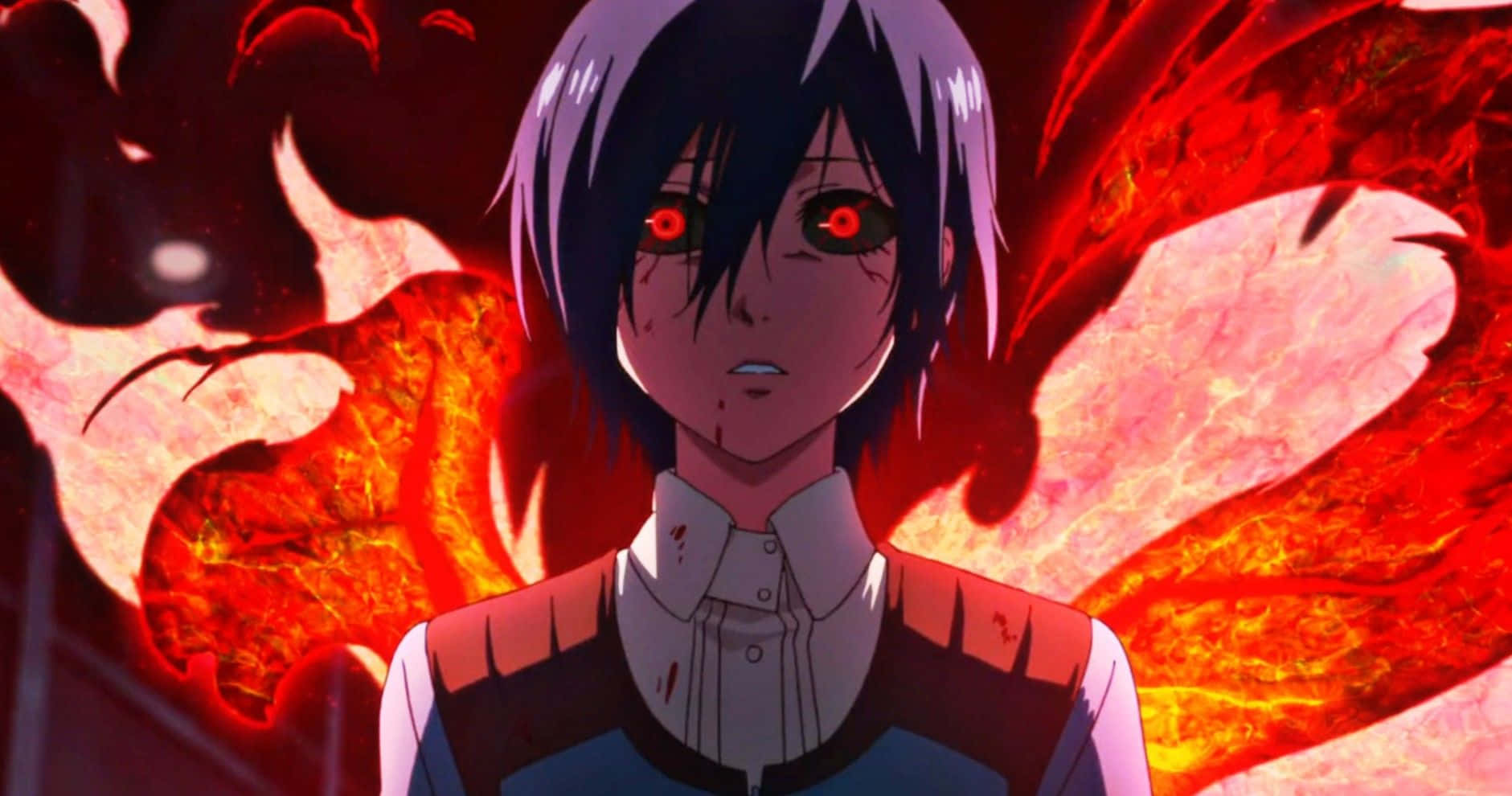 Touka Kirishima, glowing red eyes, white hair, HD Desktop Wallpaper