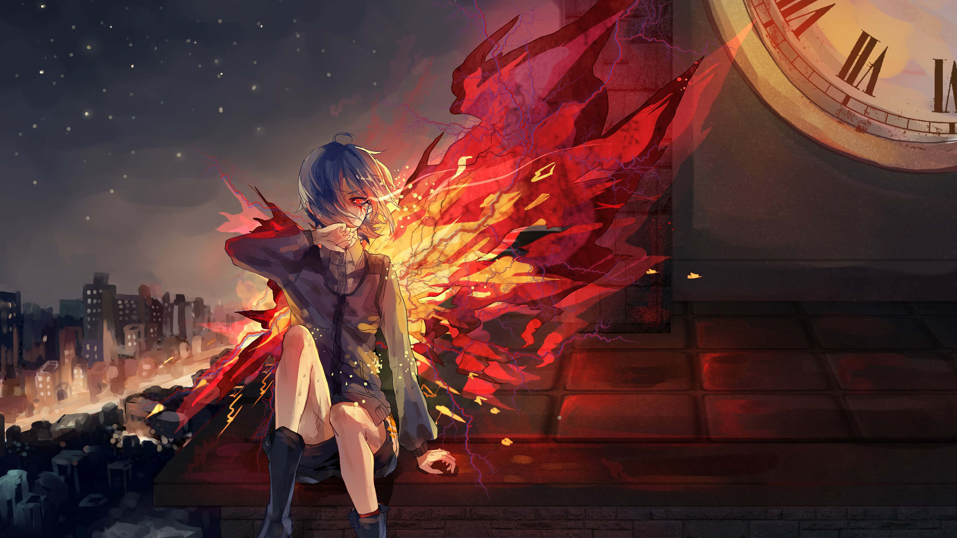 Touka Kirishima, blue-haired, fiery red wings, 2K Desktop Wallpaper
