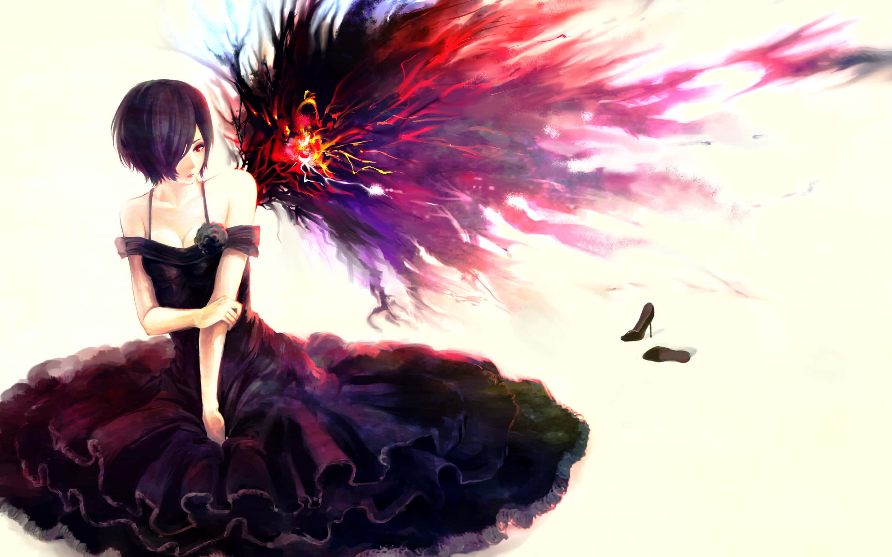 Touka Kirishima, black dress, vibrant red and purple energy explosion, 2K Desktop Wallpaper