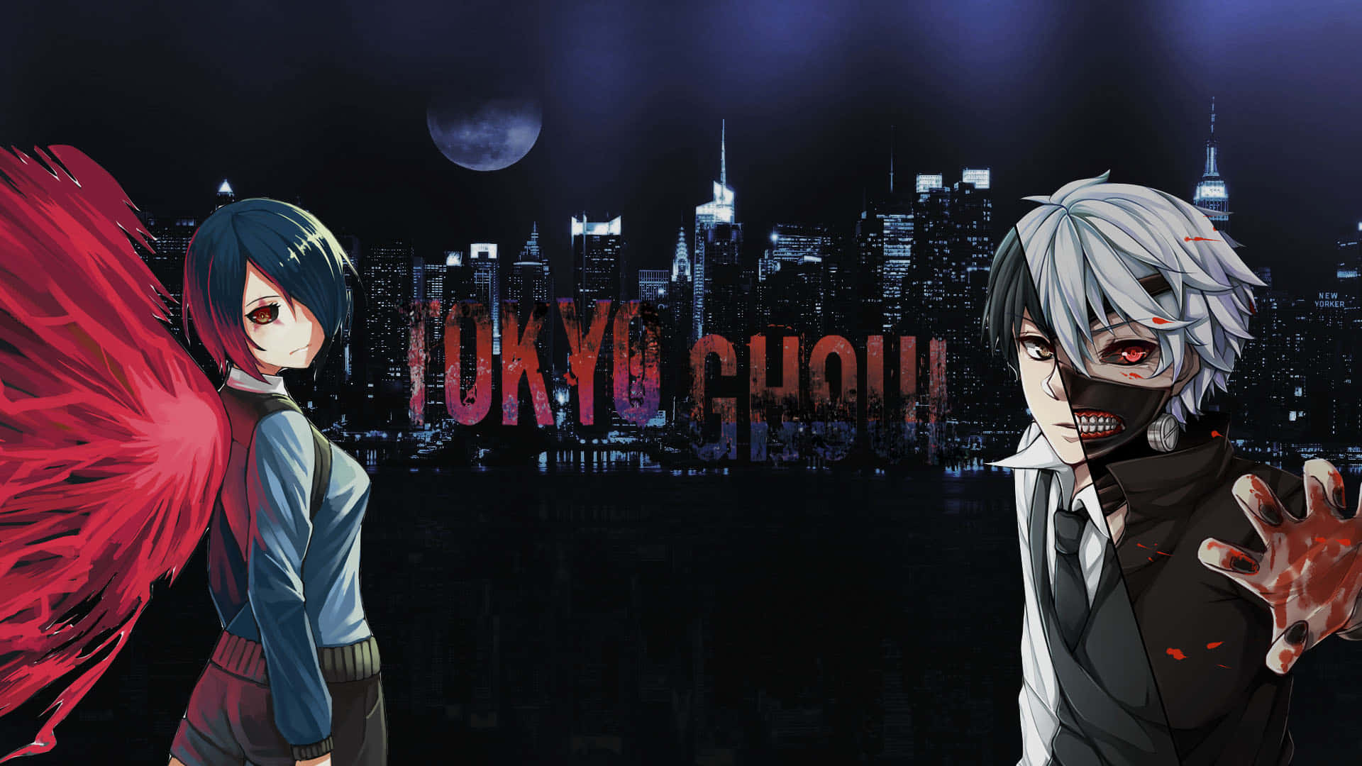 Touka Kirishima, dark Tokyo skyline, glowing moon, Full HD Desktop Wallpaper