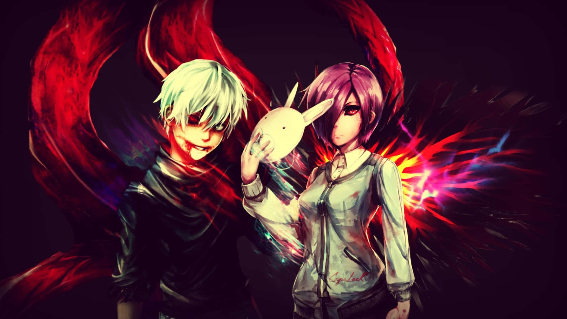 Touka Kirishima, red energy wings, white rabbit mask, Full HD Desktop Wallpaper