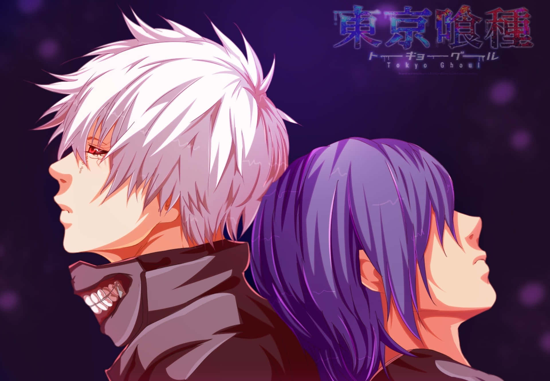 Touka Kirishima, white and purple hair, dark purple background, Full HD Desktop Wallpaper
