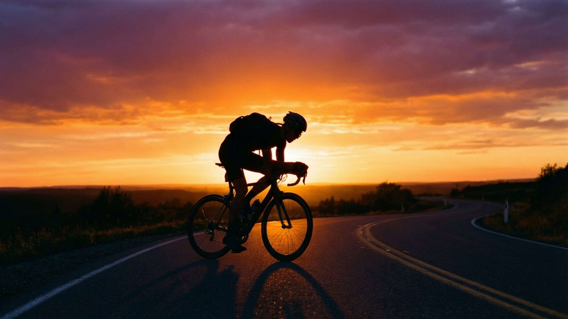 sunset silhouette, cyclist's silhouette, winding road, Full HD Desktop Wallpaper