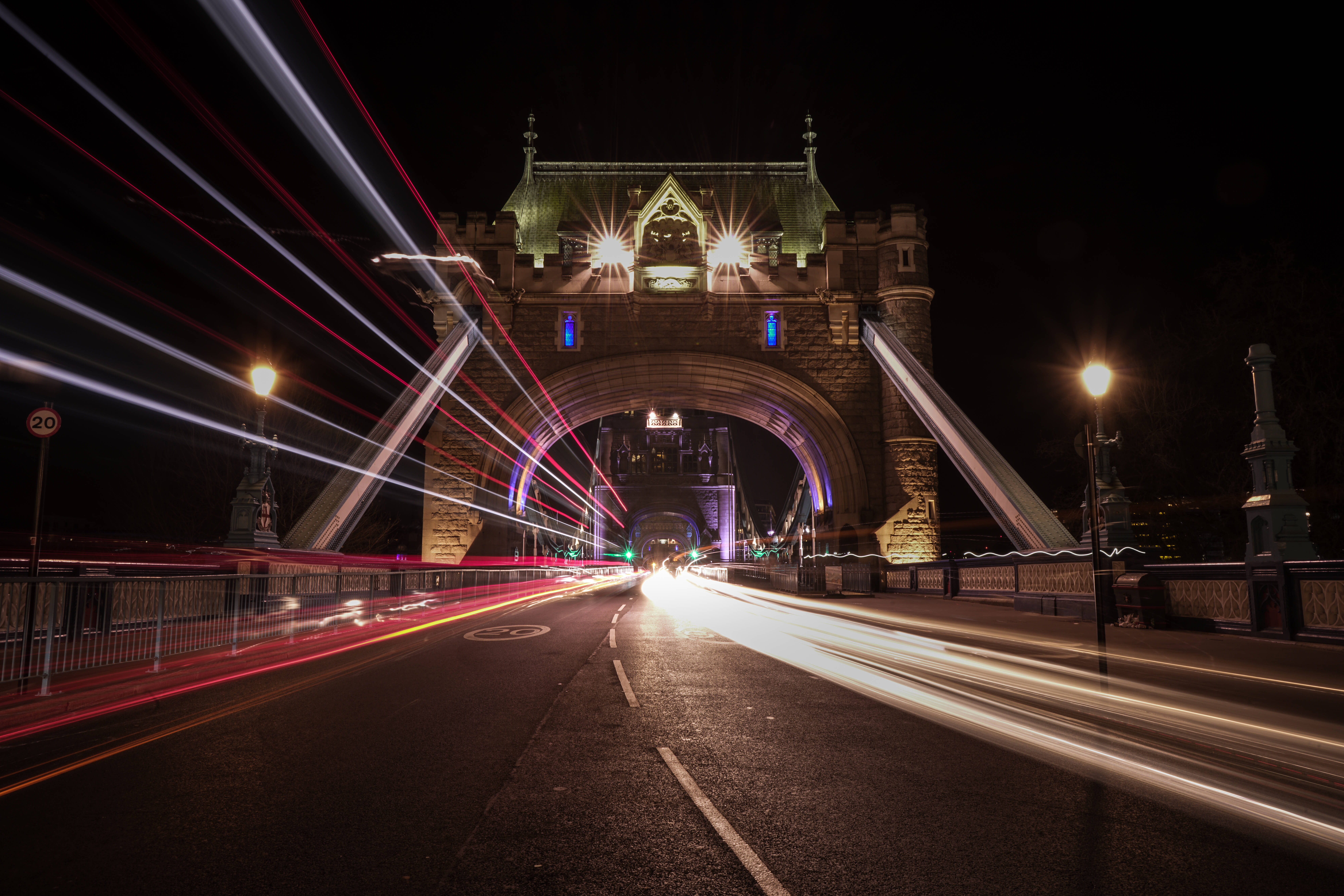 Tower Bridge, night, car lights, 8K Desktop Wallpaper