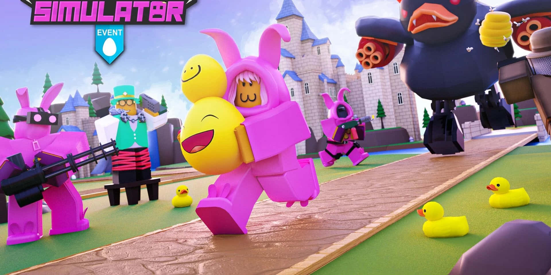 Tower Defence, pink bunny characters, yellow ducks, Full HD Desktop Wallpaper